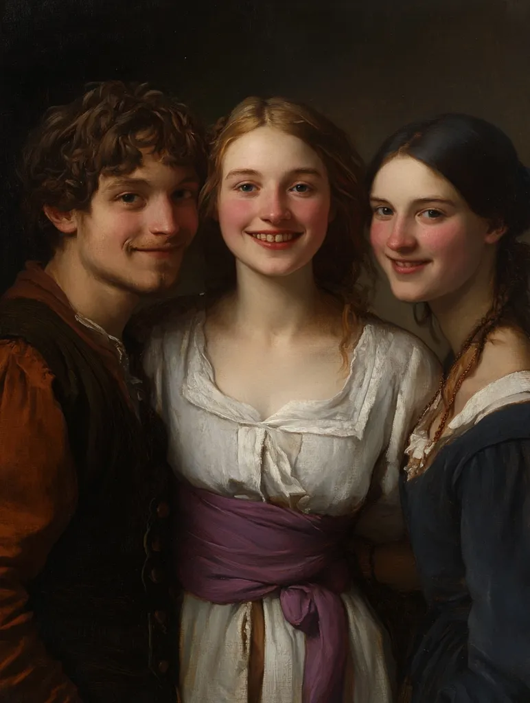 A classical-style oil painting depicts three young people, a man and two women, posed closely together.  The man, with curly brown hair, is on the left, slightly smiling. The central woman, with long blonde hair, has a gentle smile, and wears a white blouse with a purple sash. The woman on the right, dark-haired, looks towards the viewer with a friendly expression, dressed in dark blue. The painting's soft lighting and realistic rendering evoke a sense of intimacy and familial connection.  The style suggests a Romantic or Neoclassical influence.