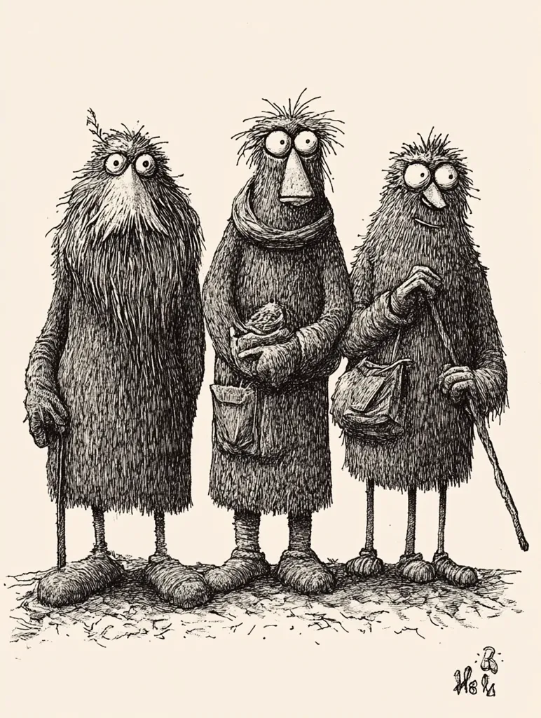 Here's a description of the image:

The illustration shows three furry, anthropomorphic creatures, possibly from a children's book, standing side-by-side.  They are depicted in a sketchy, pen-and-ink style, with heavy shading to create texture and depth. Each creature is cloaked in thick, shaggy fur, giving them a whimsical, almost monstrous appearance.  They wear simple garments and carry walking sticks or bags. Their large eyes and expressive faces convey a sense of character, while their overall posture suggests a quiet solemnity.  The background is a plain, off-white, drawing attention to the figures. The artist's signature is visible in the bottom right corner.