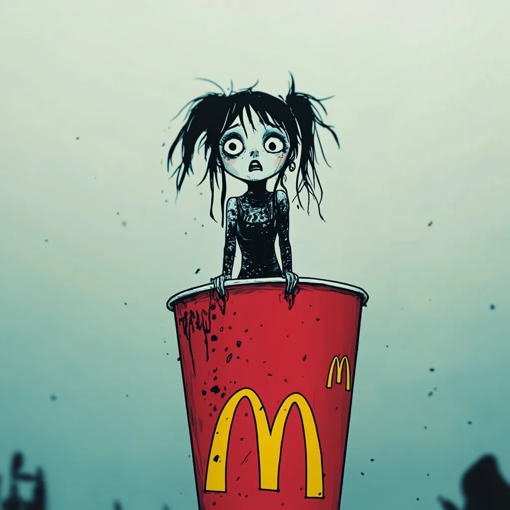 Here's a description of the image:

The illustration features a stylized girl with dark, spiky hair and large, expressive eyes, seemingly exhibiting a melancholic or apprehensive expression.  She's depicted sitting inside an oversized McDonald's cup, which is stained and slightly distressed, implying a possible sense of confinement or unease. The background is a muted, hazy grayish-green, contrasting with the vibrant red of the cup and the girl's dark attire. The overall style is dark and slightly whimsical, reminiscent of gothic or emo aesthetics.  The image suggests a commentary on consumerism or societal pressures, possibly through the juxtaposition of the girl's emotional state and the fast-food branding.