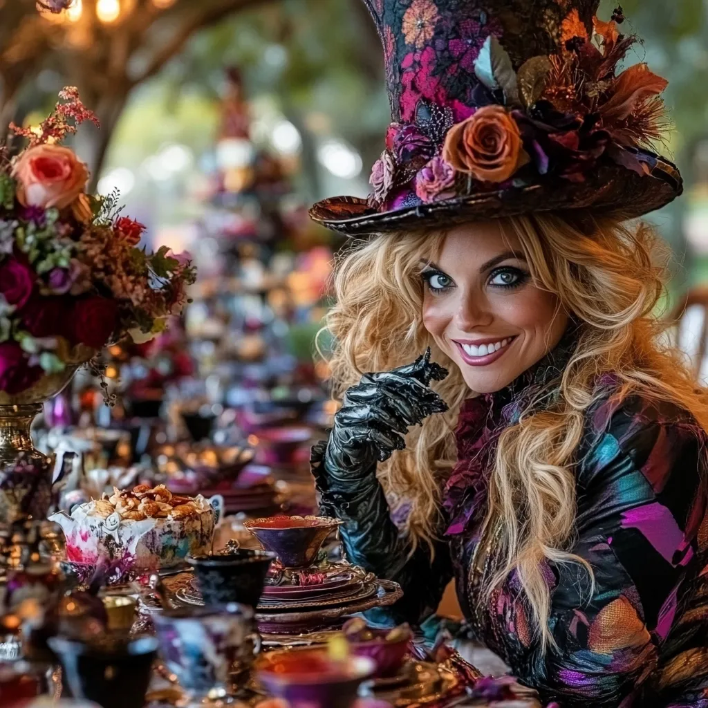 A blonde woman, adorned in a vibrant, floral-decorated top hat and long black gloves, smiles charmingly.  She is seated at a lavishly set table overflowing with ornate china, teacups, and decadent treats. The table setting features a rich color palette, complementing her attire and a large, dramatic floral centerpiece. The overall scene evokes a whimsical, perhaps Alice in Wonderland-themed, tea party.