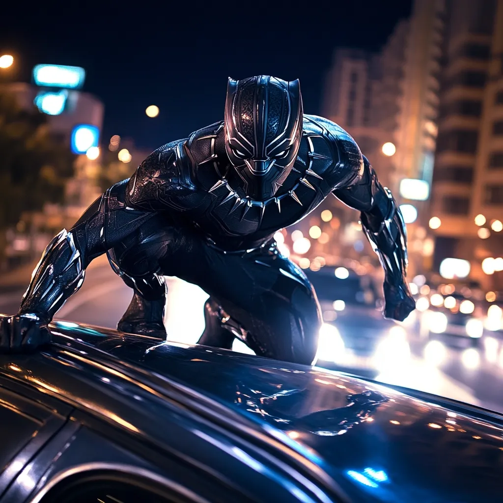 Here's a description of the image:

The image showcases Black Panther, the Marvel superhero, crouched on the roof of a sleek, dark-colored car. He's positioned in a low stance, his gaze directed intensely forward.  The background is a blurred cityscape at night, illuminated by numerous car headlights and streetlights, creating a bokeh effect.  The overall atmosphere is dark, dramatic, and suggestive of action or stealth. The Black Panther's suit is highly detailed, reflecting the city lights. The focus is sharply on the superhero, emphasizing his presence and power within the urban setting.