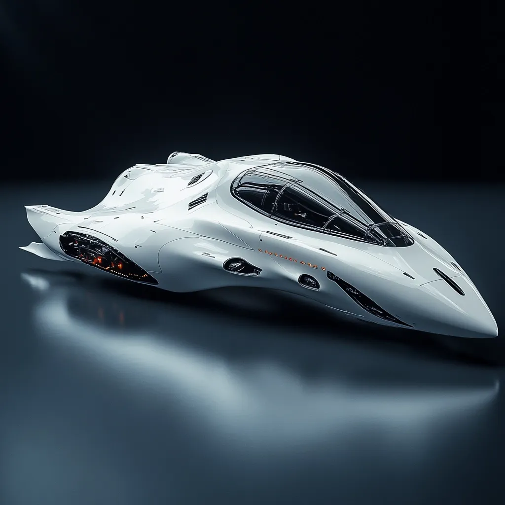 A sleek, white futuristic vehicle, possibly a spacecraft or high-speed ground vehicle, is showcased against a dark background. Its design is aerodynamic, with a pointed nose and smooth, curved body. A transparent canopy reveals a dimly lit interior.  Subtle details, including glowing engine components at the rear, suggest advanced technology.  The vehicle's reflection is visible on the glossy surface below, enhancing its sense of otherworldly sophistication.