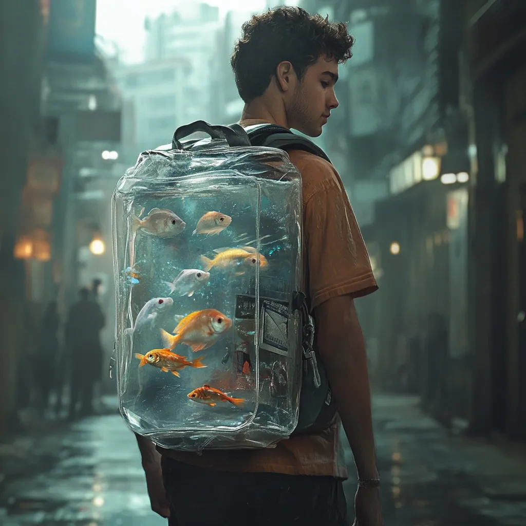 A young man with dark curly hair walks down a dimly lit, rain-slicked alleyway.  He carries a transparent backpack, uniquely filled with several goldfish swimming in water.  The backpack's contents contrast sharply with the urban grunge setting. The overall image is surreal, juxtaposing the fragility of the fish with the harshness of the city environment. The man's pensive expression adds to the mysterious and thought-provoking mood.