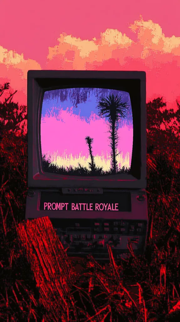 Here's a description of the image:

The image is a stylized digital artwork featuring a vintage television set displayed against a vibrant, pixelated sunset. The TV screen shows a similar sunset scene with silhouetted palm trees, rendered in a retro, almost glitchy aesthetic with contrasting pink, purple, and yellow tones.  The television itself is dark gray, with the words "PROMPT BATTLE ROYALE" displayed prominently below the screen. The TV is partially obscured by and embedded within a dark, textured foreground suggesting overgrown vegetation, all rendered in a red-dominated color palette that enhances the overall dramatic, somewhat dystopian feel. The style is reminiscent of 80s-inspired synthwave art or retro-futuristic designs.