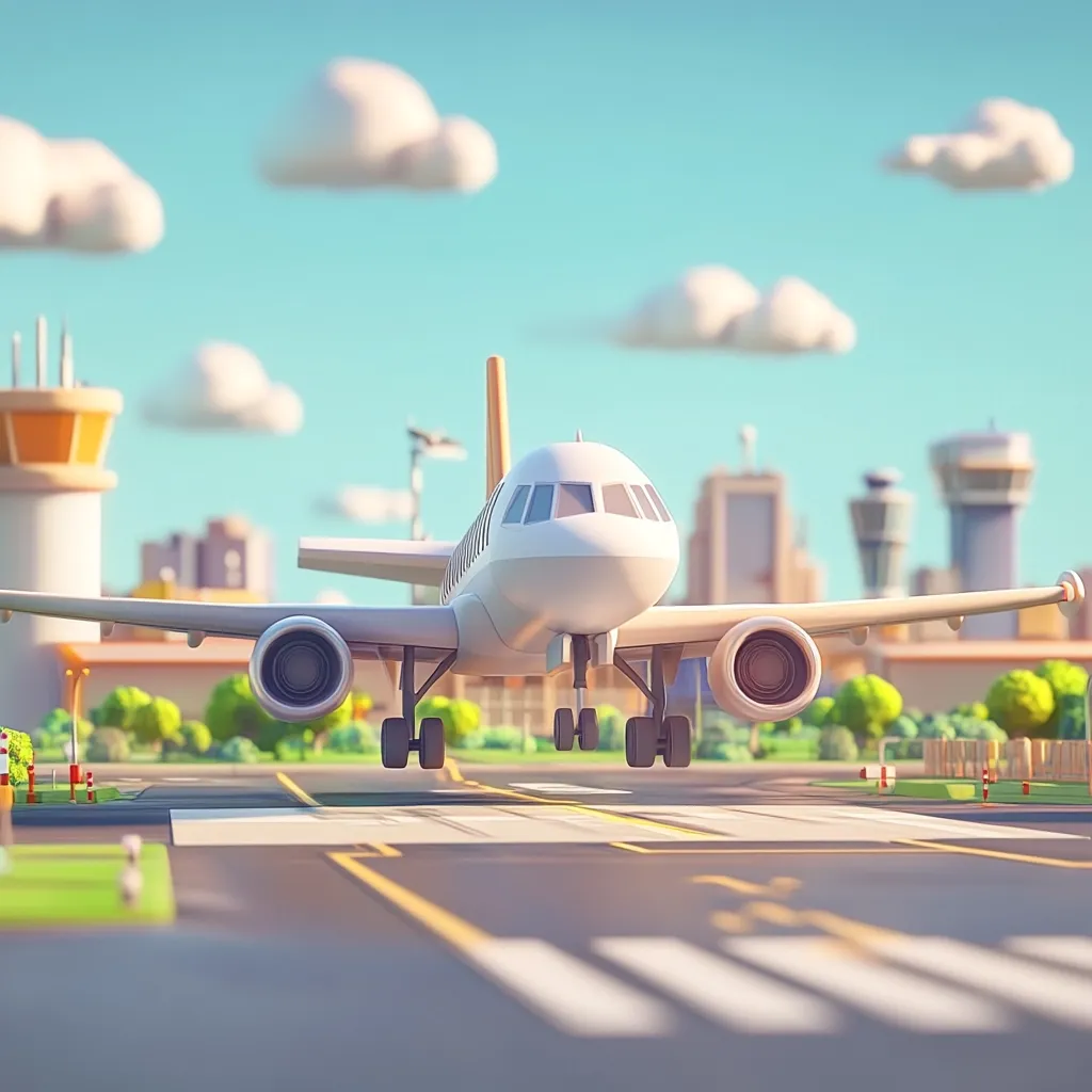 A stylized, low-poly model of a passenger airplane is depicted on a runway, appearing to be landing. The plane is predominantly white with visible engines and landing gear. The background features a simplified, cartoonish airport with control towers and buildings under a bright, sunny sky with fluffy clouds. The scene suggests a cheerful and playful representation of air travel.