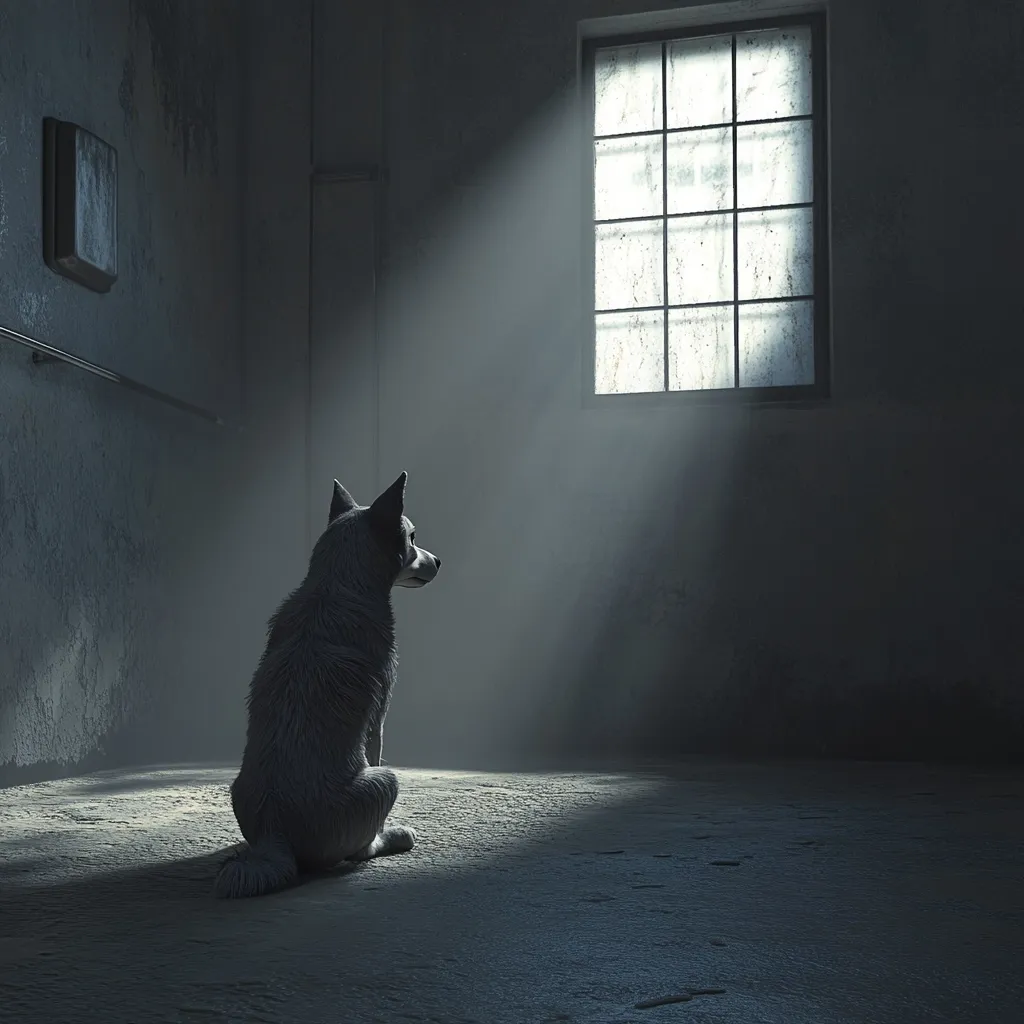A digitally rendered image depicts a lone dog sitting in a dimly lit, derelict room. The dog, appearing to be a husky mix, sits with its back to the viewer, facing a window that casts a single beam of light across the dusty floor. The room's walls are aged and worn, enhancing a sense of isolation and abandonment. The overall mood is melancholic and suggestive of loneliness or confinement. The contrast between the bright window and the dark room emphasizes the dog's solitary state.