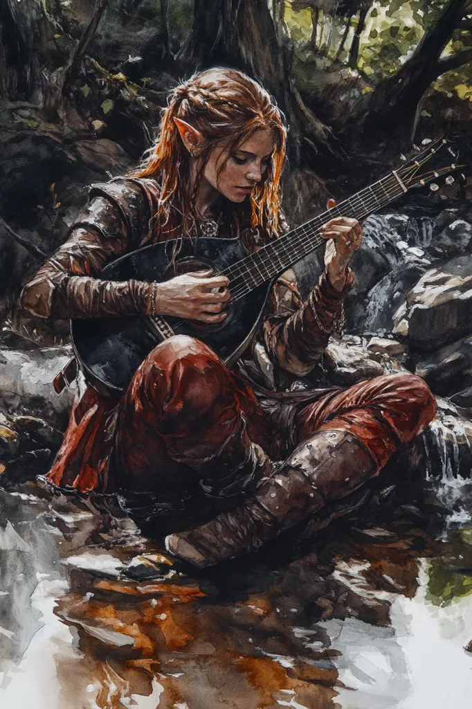 A watercolor painting depicts a female elf, seated amidst a forest stream, intently playing a lute.  Her auburn hair is braided, and she wears earthy-toned clothing—a reddish-brown tunic and sturdy boots. The dark, richly detailed lute contrasts with her lighter skin and hair. The scene is moody, with dappled sunlight filtering through the trees, and the water reflecting the surrounding forest. The overall feeling is one of tranquility and magical immersion.