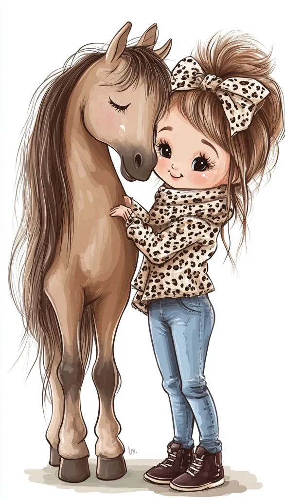 Here's a description of the image:

The illustration showcases a heartwarming scene of a young girl and her horse. The girl, with a cheerful expression, wears a leopard-print jacket, blue jeans, and brown boots. Her hair is styled in a high bun, adorned with a matching leopard-print bow.  She gently embraces a light brown horse, whose eyes are softly closed, suggesting a peaceful bond between them.  The style is reminiscent of a children's book illustration, characterized by soft lines and pastel colors, creating a tender and affectionate atmosphere.