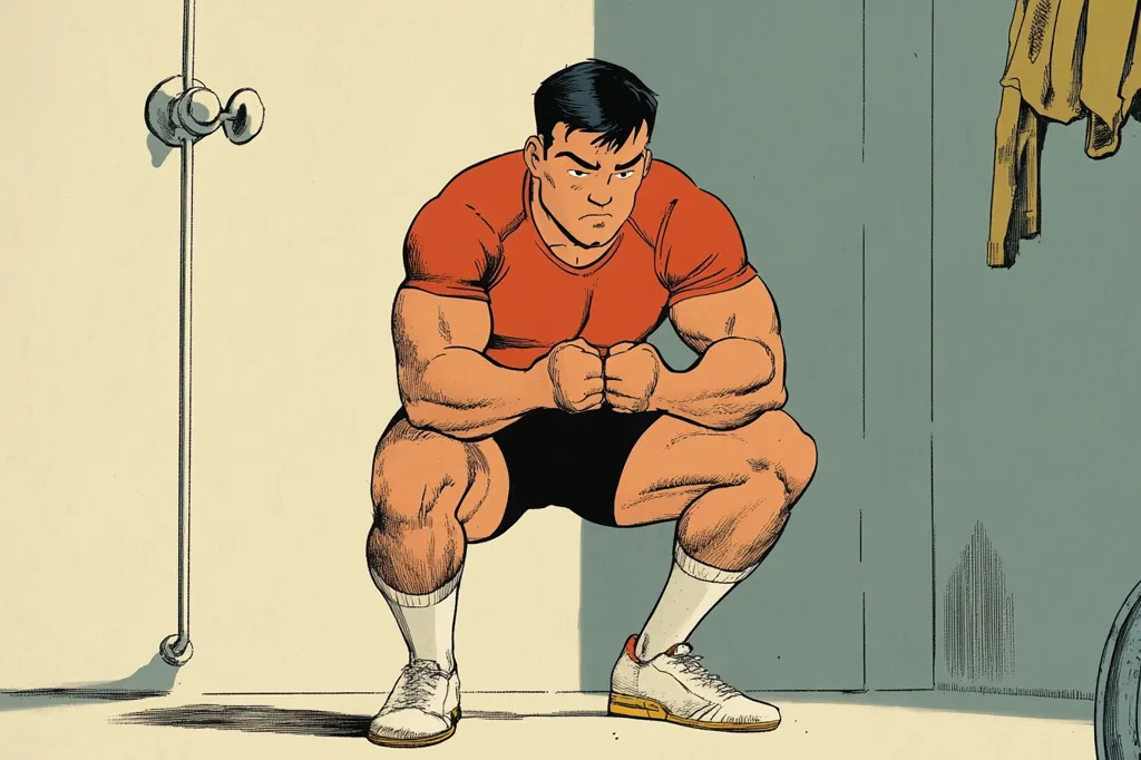 A muscular man, possibly a weightlifter, is depicted in a crouched position. He wears a red short-sleeved shirt and dark shorts, along with white socks and sneakers.  His serious expression and tense posture suggest he's preparing for a strenuous activity or recovering from one. The setting appears to be a locker room, indicated by a wall with a towel hanging and part of a weight plate visible in the corner. The style is reminiscent of comic book art, with bold lines and saturated colors.