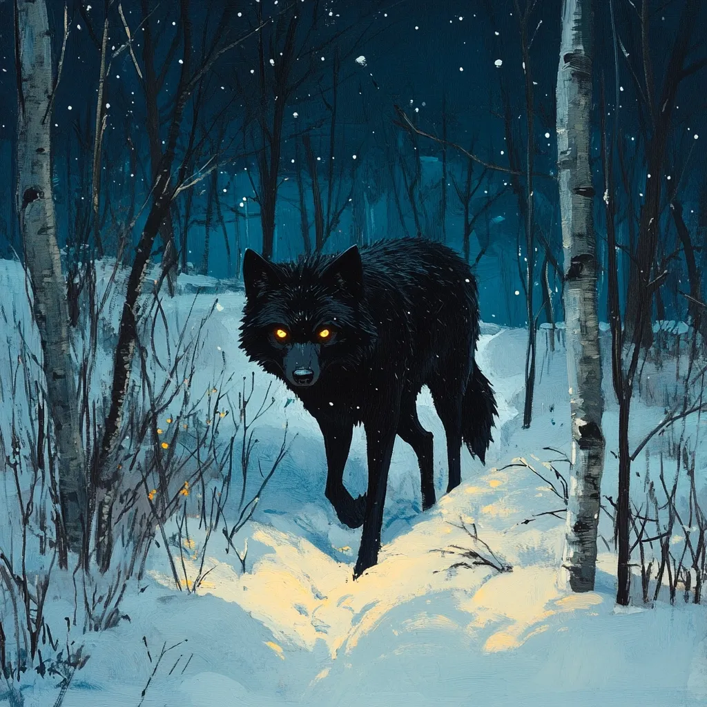 A striking painting depicts a black wolf with luminous golden eyes, traversing a snow-covered forest at night.  The wolf is central, sharply focused against the blurred background of slender, snow-laden trees.  A cool blue palette dominates the night scene, contrasting with the warm glow emanating from the wolf's eyes and subtly illuminating the snow.  The overall mood is one of mysterious intrigue and quiet power. The style is painterly, with visible brushstrokes adding texture and depth.
