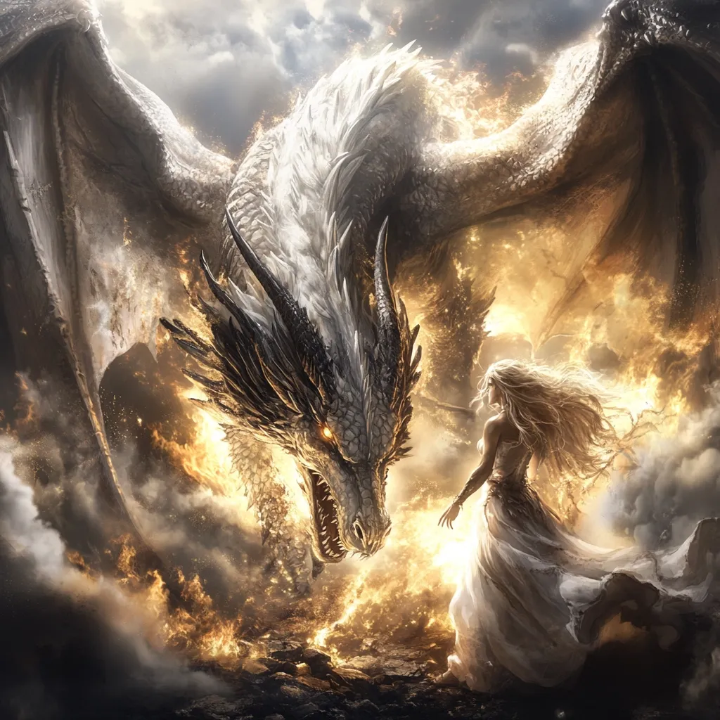 Here's a description of the image:

The artwork depicts a powerful, majestic white and black dragon, its scales shimmering amidst fiery, golden-hued clouds.  Its head is lowered, its gaze directed toward a woman in a flowing white gown. The woman stands poised, seemingly unafraid, her blonde hair billowing in the ethereal atmosphere.  The scene evokes a sense of fantasy and power, possibly suggesting a bond between the dragon and the woman, or a moment of confrontation filled with latent energy. The overall mood is dramatic and otherworldly.