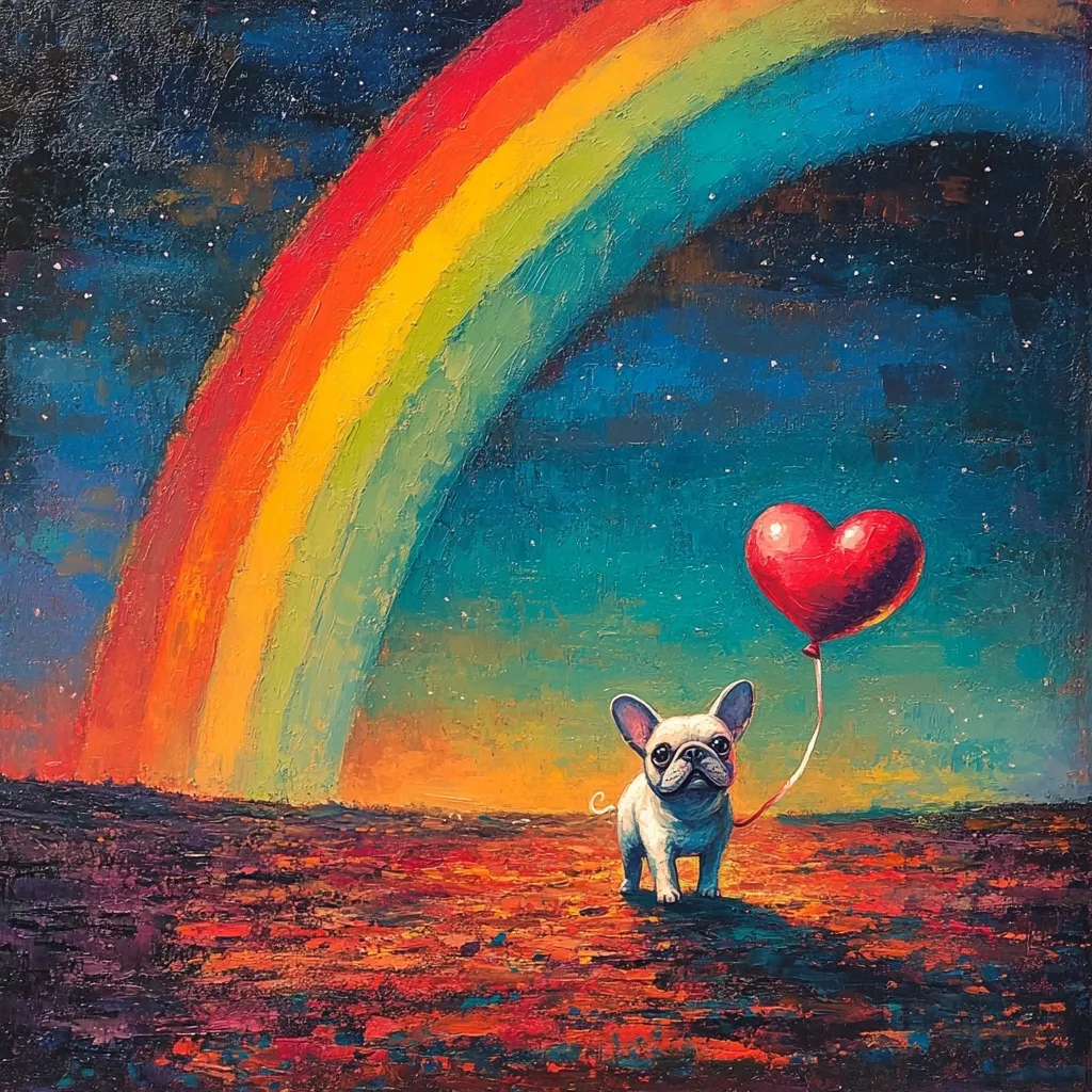 A vibrant oil painting depicts a French bulldog standing in a barren landscape under a dramatic night sky. A large, colorful rainbow arches across the scene, its colors reflecting in the textured ground. The dog holds a heart-shaped red balloon, adding a whimsical touch to the otherwise somewhat melancholic atmosphere.  The impasto style gives the painting a rich, textured feel, highlighting the contrasting colors and emotional depth.