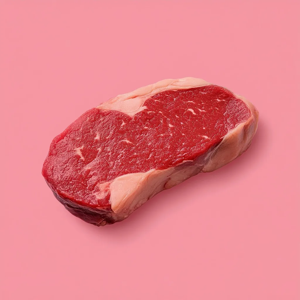 A single, raw beef steak rests on a vibrant pink background.  The steak is a rich, deep red, showcasing marbling throughout its surface.  The fat is visible along the edges, contrasting slightly with the darker red of the lean meat. The lighting is bright and even, creating a clear, high-contrast image. The overall presentation is clean and modern.