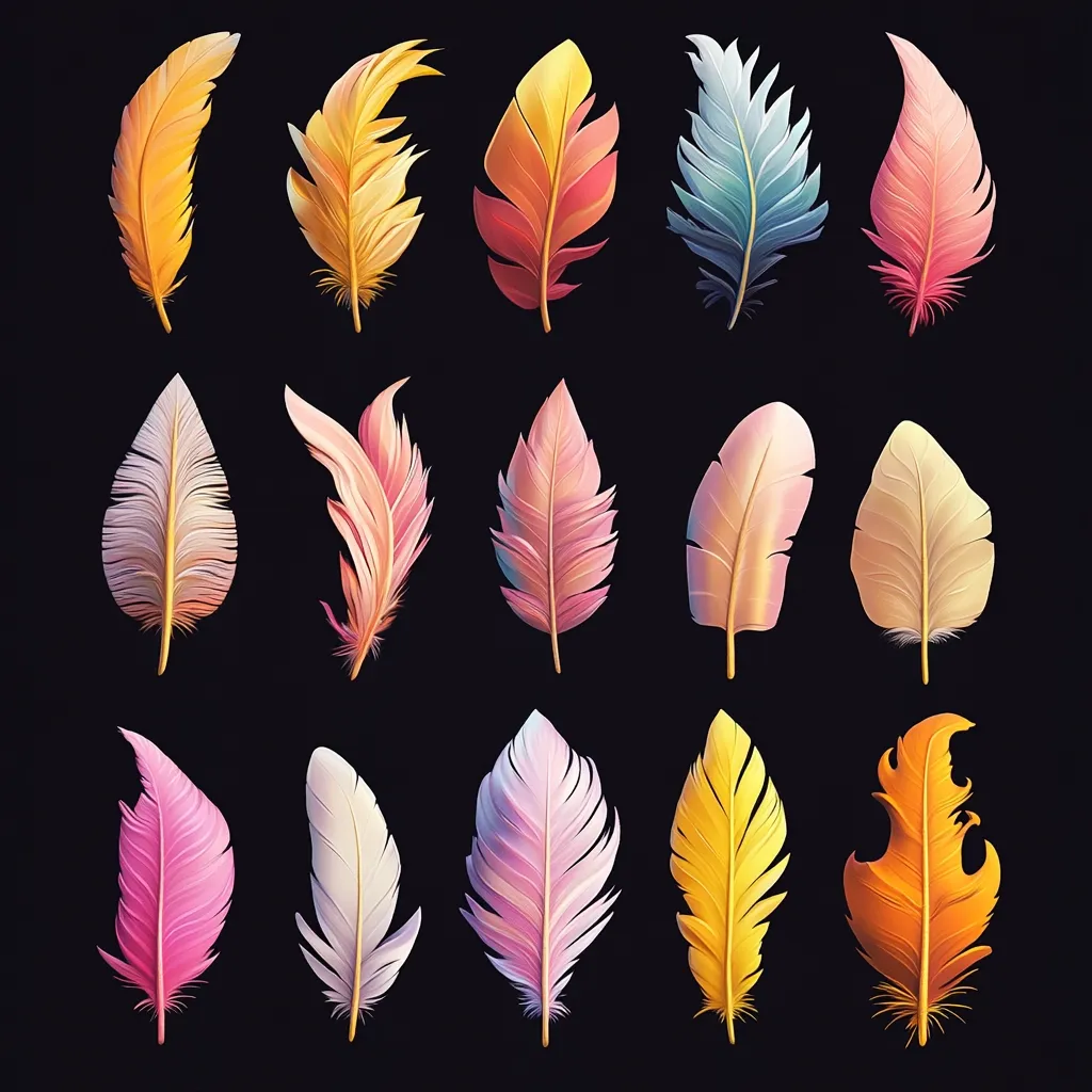 Here's a description of the image:

The image showcases fifteen vibrantly colored feathers arranged in a grid pattern against a stark black background.  Each feather is depicted in a unique hue, ranging from warm oranges and yellows to cool blues and pinks, with various shades of pastel and more saturated tones. The feathers exhibit different shapes and textures, some appearing fluffy and others smooth, adding visual diversity to the collection.  The overall style is digitally rendered, with a smooth, almost glossy finish to the feathers.  The image suggests a decorative or design element, possibly for use in digital art, fashion, or print.