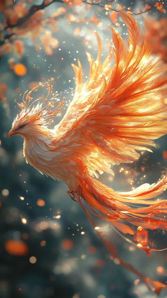A phoenix, rendered in a painterly digital style, soars through an ethereal forest.  Its plumage is a fiery orange, glowing with an inner light, and adorned with delicate, floral accents on its head.  The background is a soft, muted teal, speckled with bokeh lights that mimic falling leaves or embers, enhancing the mystical and magical atmosphere.  The overall effect is one of grace, power, and otherworldly beauty.