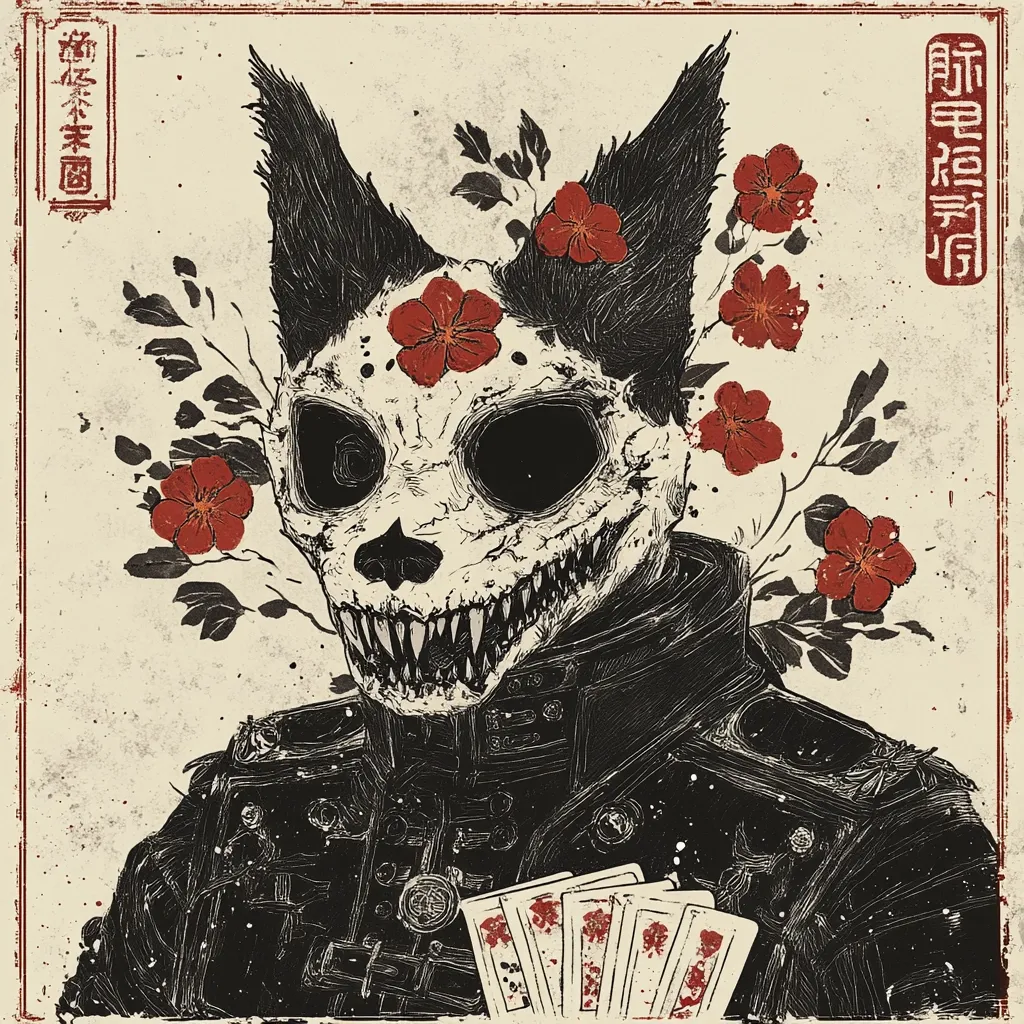 The artwork depicts a stylized feline creature with a skull-like face and sharp teeth.  It's adorned with red flowers and foliage, creating a juxtaposition of beauty and macabre.  The creature wears a dark, military-style jacket and holds playing cards, suggesting a theme of gambling or fate. The style is reminiscent of Japanese woodblock prints, with a textured, aged background and bold, contrasting blacks and reds.  The overall mood is dark, mysterious, and slightly unsettling.  Japanese text is present on the image.