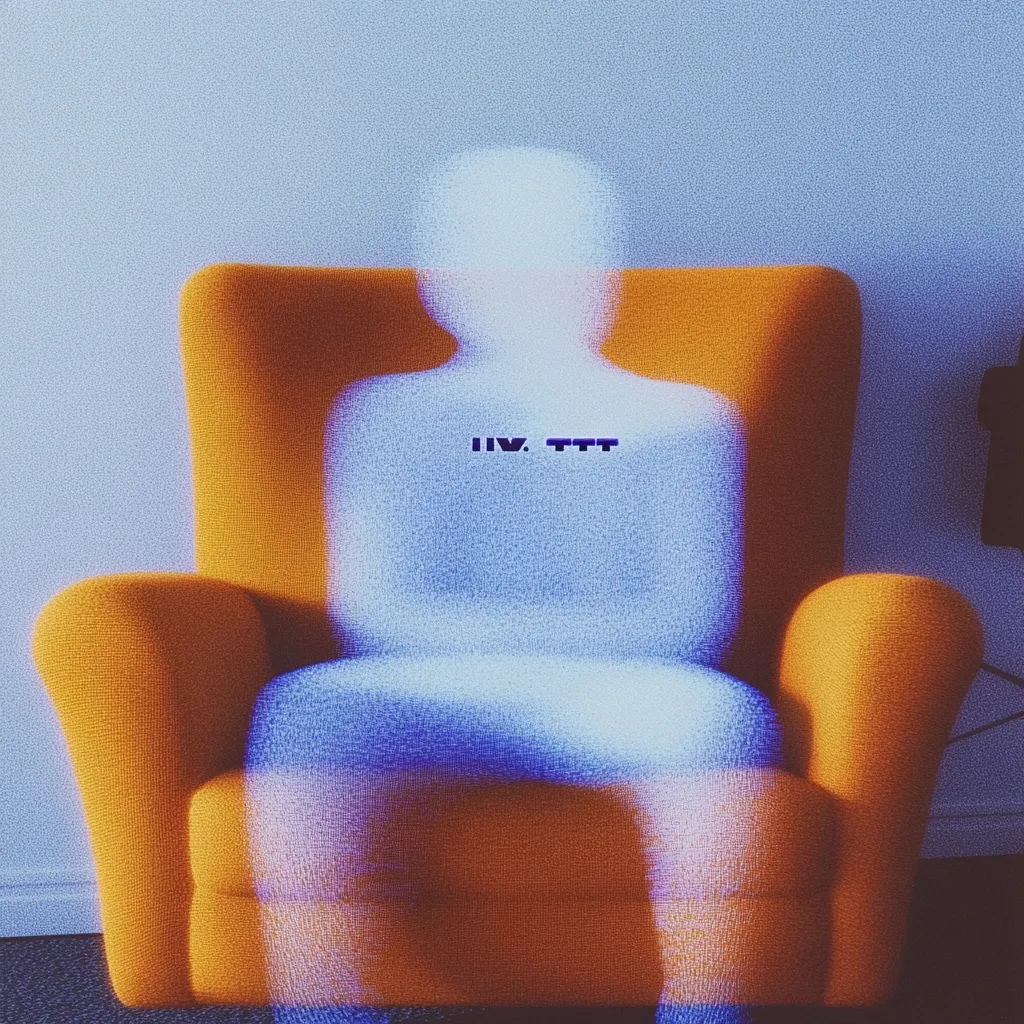 A blurry, ethereal figure sits in a vibrant orange armchair against a muted blue wall.  The figure appears translucent, with a faint inscription of "IV. TTT" visible on its chest. The image has a vintage or digitally manipulated aesthetic, with a grainy, slightly pixelated texture. The contrast between the sharp armchair and the ghost-like figure creates a surreal and enigmatic mood.  The overall effect is dreamlike and ambiguous.