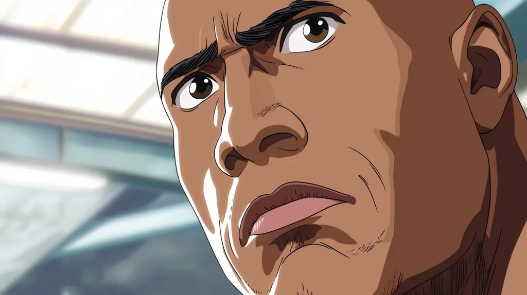 Close-up of an anime-style depiction of a bald, muscular man with dark brown skin. His expression is serious, almost pensive, with slightly furrowed brows and intense eyes. The style is reminiscent of a realistic anime drawing, with detailed shading and highlighting on his face and neck muscles. The background is blurry, suggesting an indoor setting with modern architecture. The overall mood is one of contemplation or anticipation.