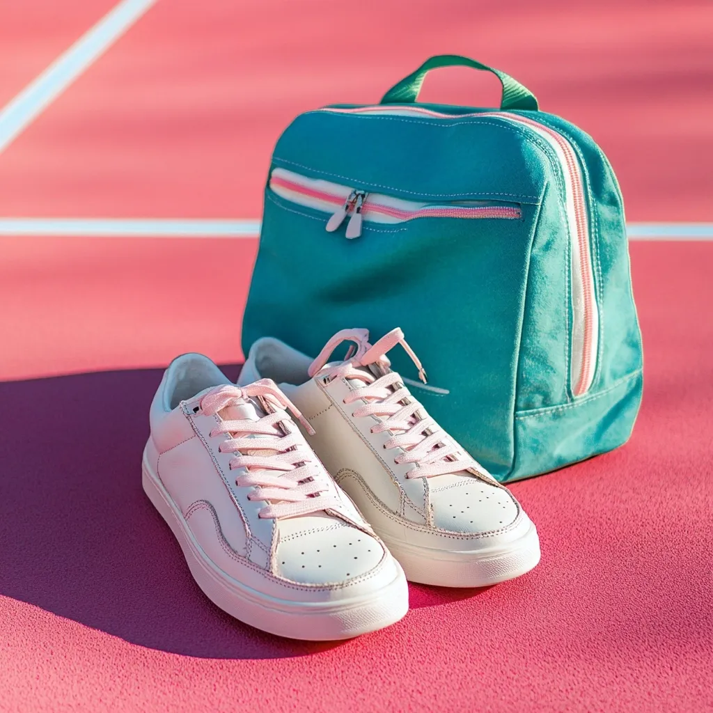 A pair of clean, off-white sneakers with light pink laces sits on a pink surface, next to a teal-colored backpack. The backpack has a pink zipper detail and is compact in size. The scene is brightly lit, casting shadows that suggest outdoor sunshine. The sneakers and backpack are stylish and suggest a sporty or casual aesthetic.  The overall image is vibrant and cheerful.