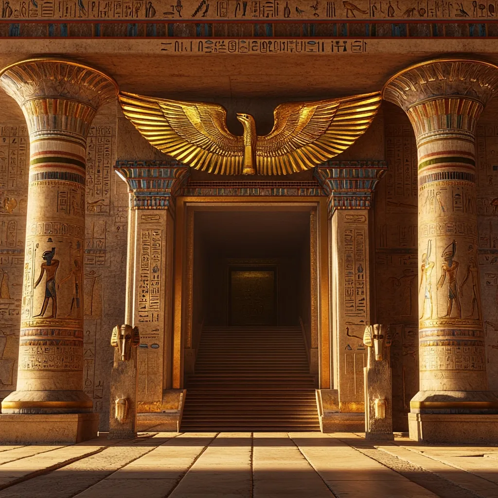 The image depicts a digitally rendered entrance to an ancient Egyptian temple.  Tall, intricately carved columns flank a wide staircase leading to a doorway.  Hieroglyphs cover the walls and columns, while a large golden winged sun-disk, or perhaps a Bennu bird, adorns the lintel above the entrance.  The warm lighting and detailed textures create a sense of grandeur and antiquity. The scene evokes a feeling of mystery and reverence for ancient Egyptian culture.