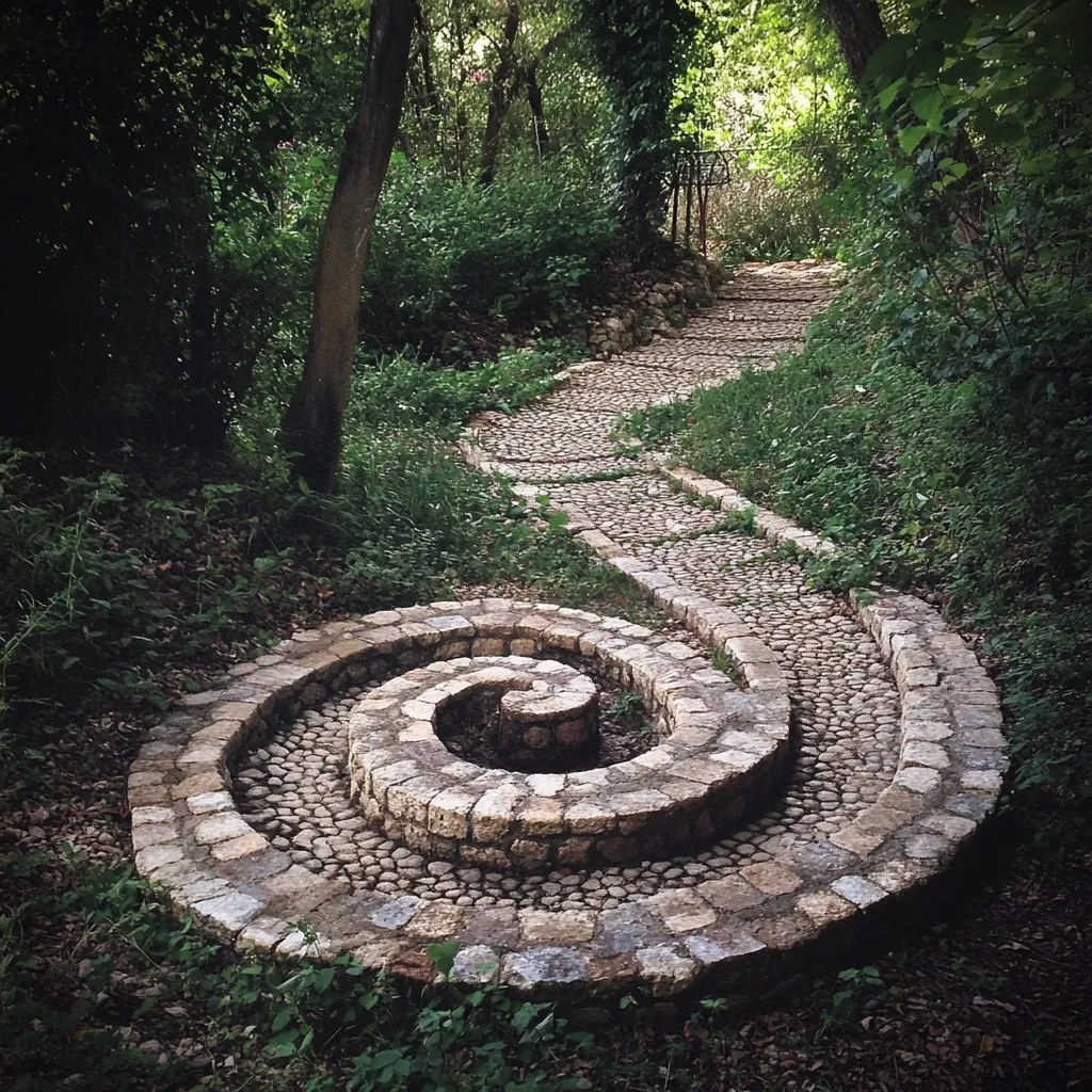 A winding stone pathway through a lush, green forest culminates in a captivating spiral stone structure. The path, made of small, uneven stones, gently curves and meanders, leading the eye towards the spiral centerpiece. This spiral, built from larger, more uniformly shaped stones, creates a visually striking focal point.  The surrounding vegetation is dense, with leafy trees and low-lying shrubs enhancing the natural, tranquil atmosphere. The scene is peaceful and evokes a sense of quiet contemplation.