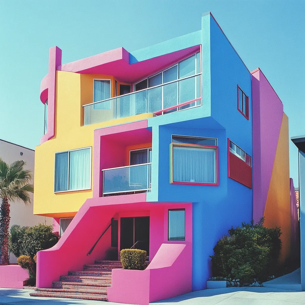 Here's a description of the image:

The photograph showcases a vibrant, multi-story house painted in bold, contrasting colors.  Bright pink, yellow, and blue sections form an angular, almost cubist design.  Glass balconies and large windows offer glimpses into the interior.  The stairs leading to the entrance are a matching pink.  Lush green shrubs frame the house, contrasting with the saturated hues of the building.  The clear blue sky provides a backdrop, emphasizing the building's bold colors and playful architectural style. The overall aesthetic is strikingly modern and cheerful.
