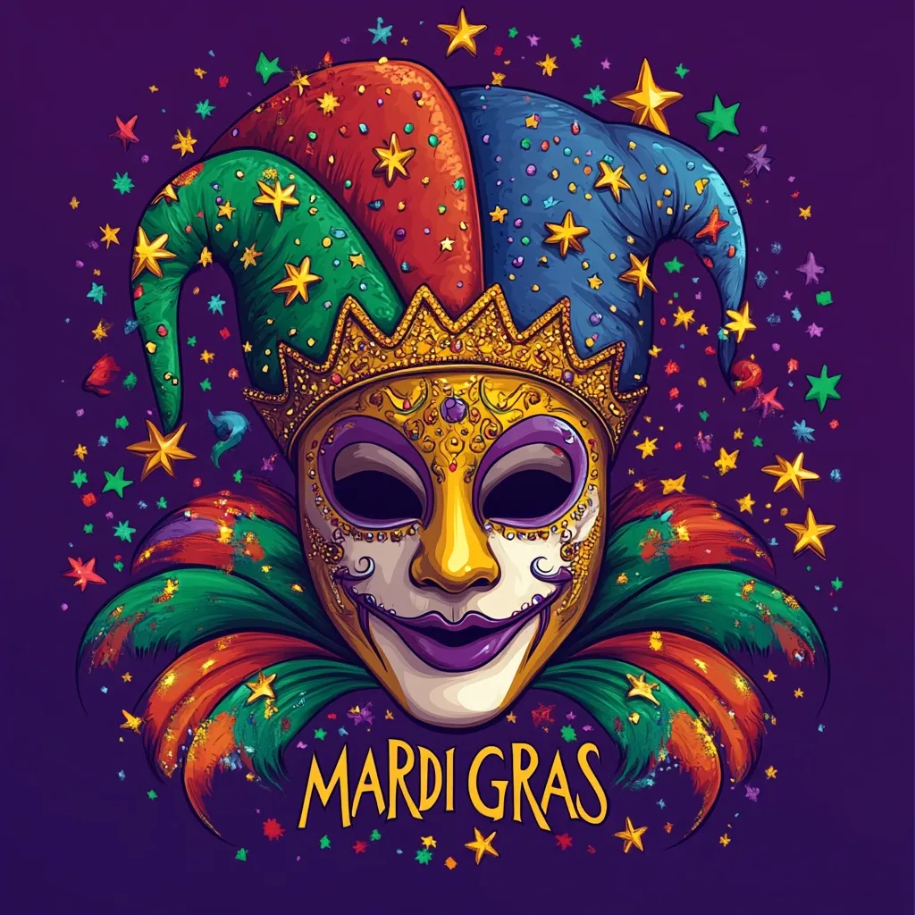 A vibrant Mardi Gras illustration features a detailed jester mask adorned with a gold crown. The mask is framed by colorful, feathered plumes in green, orange, and red, echoing the colors of the jester hat.  Gold and multicolored stars scatter the background, adding to the festive atmosphere.  The words "MARDI GRAS" are written below the mask, completing the celebratory design. The overall style is bold and intricately detailed.