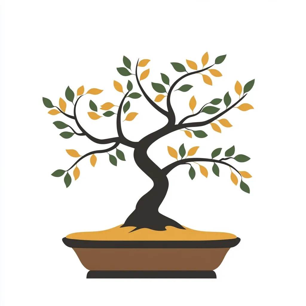 Here's a description of the image:

The image is a stylized illustration of a bonsai tree. The tree has a dark brown, curving trunk and branches, displaying a mix of green and yellow leaves, suggesting autumn.  The leaves are simplified, almost geometric in shape. The bonsai sits in a shallow, wide, brown pot filled with light orange-brown soil. The background is pure white, making the bonsai the clear focus. The overall style is simple and minimalist, with a clean, flat design.