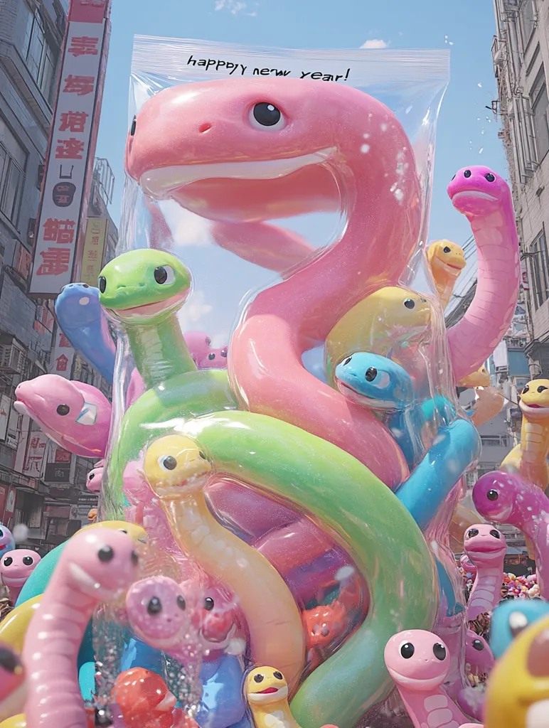 A plastic bag filled with pastel-colored, cartoonish snakes is the centerpiece of this vibrant image.  The snakes, in various shades of pink, green, yellow, and blue, are intertwined and bubbly, creating a playful, almost whimsical scene. The bag is labeled "happy new year!", suggesting a celebratory context. The background features a blurred cityscape, adding depth and hinting at an outdoor setting, possibly a street scene.  The overall mood is cheerful and festive.