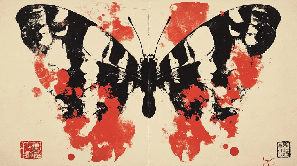 The image is an abstract depiction of a butterfly, rendered in black and red ink splatter on a cream-colored background. The butterfly's wings are symmetrical, with black ink outlining a pattern reminiscent of a butterfly's markings,  but with a textured, almost distressed, appearance.  Red ink splatters and blots surround the black, creating a sense of movement and energy.  A small, dark red stamp is visible in the bottom left corner, and another in the bottom right. The overall style suggests a blend of Eastern art influences with a modern, expressionistic feel.