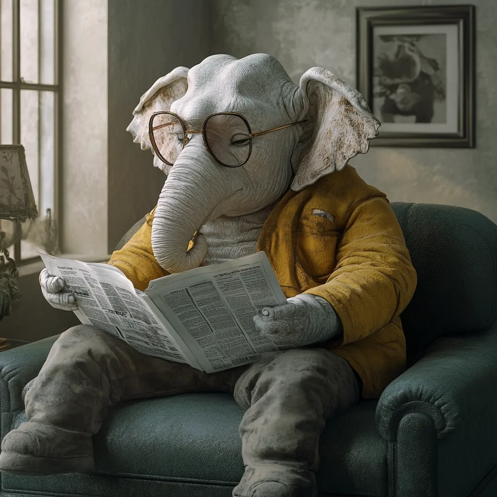 An anthropomorphic elephant, wearing round glasses and a mustard-yellow jacket, sits comfortably in a teal armchair.  He's engrossed in reading a newspaper, his large ears framing his face. The setting is a dimly lit room with a window and a framed picture on the wall. The overall mood is serene and contemplative, with a slightly whimsical touch. The elephant's clothing appears worn, adding to the relaxed, homey atmosphere.