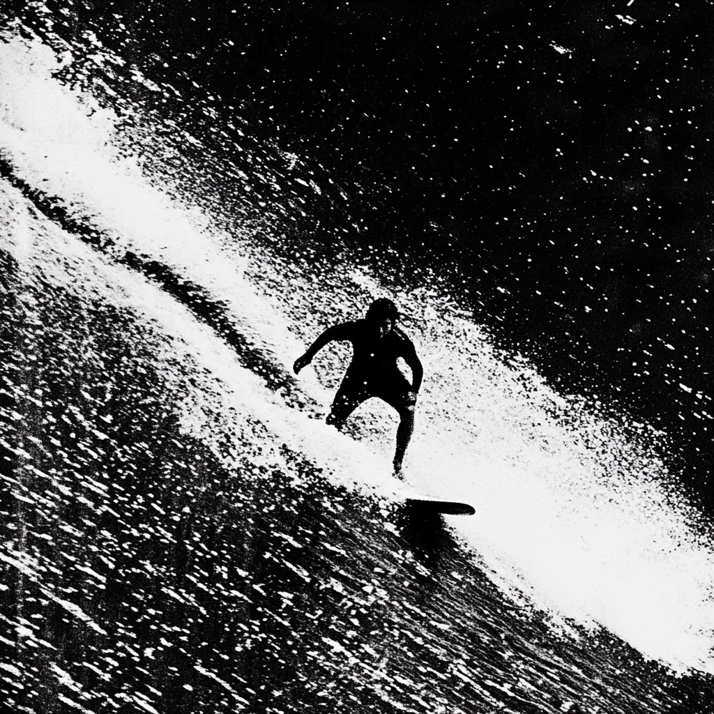 A striking black and white image captures a surfer silhouetted against a wave.  The surfer, appearing as a dark figure, rides a wave that bursts with white, foamy water. The contrast between the dark surfer and bright water is dramatic. The background is a textured black, creating a sense of depth and movement. The overall style evokes a classic, gritty feel, possibly reminiscent of vintage surf photography. The image is highly stylized, with a focus on strong contrast and graphic elements.