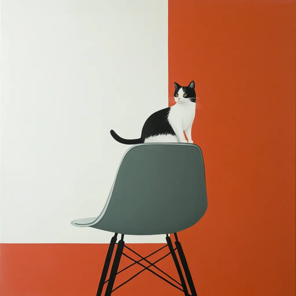 A stylized illustration depicts a tuxedo cat perched atop a grey Eames-style chair.  The chair sits against a bold, two-toned background of white and burnt orange. The cat, rendered in smooth, flat planes of black and white, gazes off to the viewer's left. The overall aesthetic is minimalist and modern, with a clean, graphic quality. The artwork's simplicity emphasizes the cat's presence and the contrast of its coloring against the chair and background.