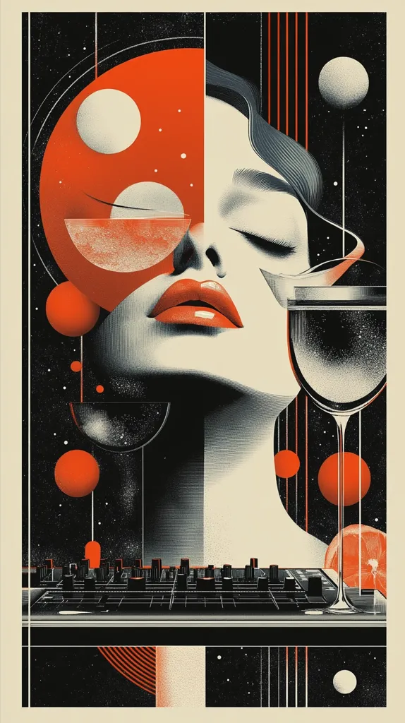 This striking artwork is a stylized portrait of a woman, her eyes closed, lips painted a vibrant red. Her face is fragmented and layered with abstract shapes reminiscent of planets and celestial bodies, set against a dark, starry backdrop.  Geometric lines and orange spheres create a cosmic feel, contrasting with the realistic rendering of her skin and hair. At the bottom, a sound mixer suggests a connection to music, tying together the visual elements into a sophisticated and enigmatic composition.  A glass of wine adds a touch of sensuality to the overall piece.