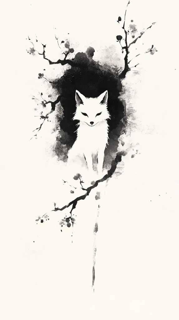 Here's a description of the image:

The image is a stylized artwork, likely inspired by East Asian ink painting.  A white fox sits serenely in the center, positioned within a dark, ink-washed background that resembles a shadowed alcove.  Black ink branches, suggestive of a blossoming plum or cherry tree, frame the fox, extending from the top and bottom. The overall effect is one of elegant simplicity and quiet contemplation, with a strong contrast between the white fox and the black and gray washes. The style is minimalist, focusing on line and wash techniques to create a sense of depth and atmosphere.
