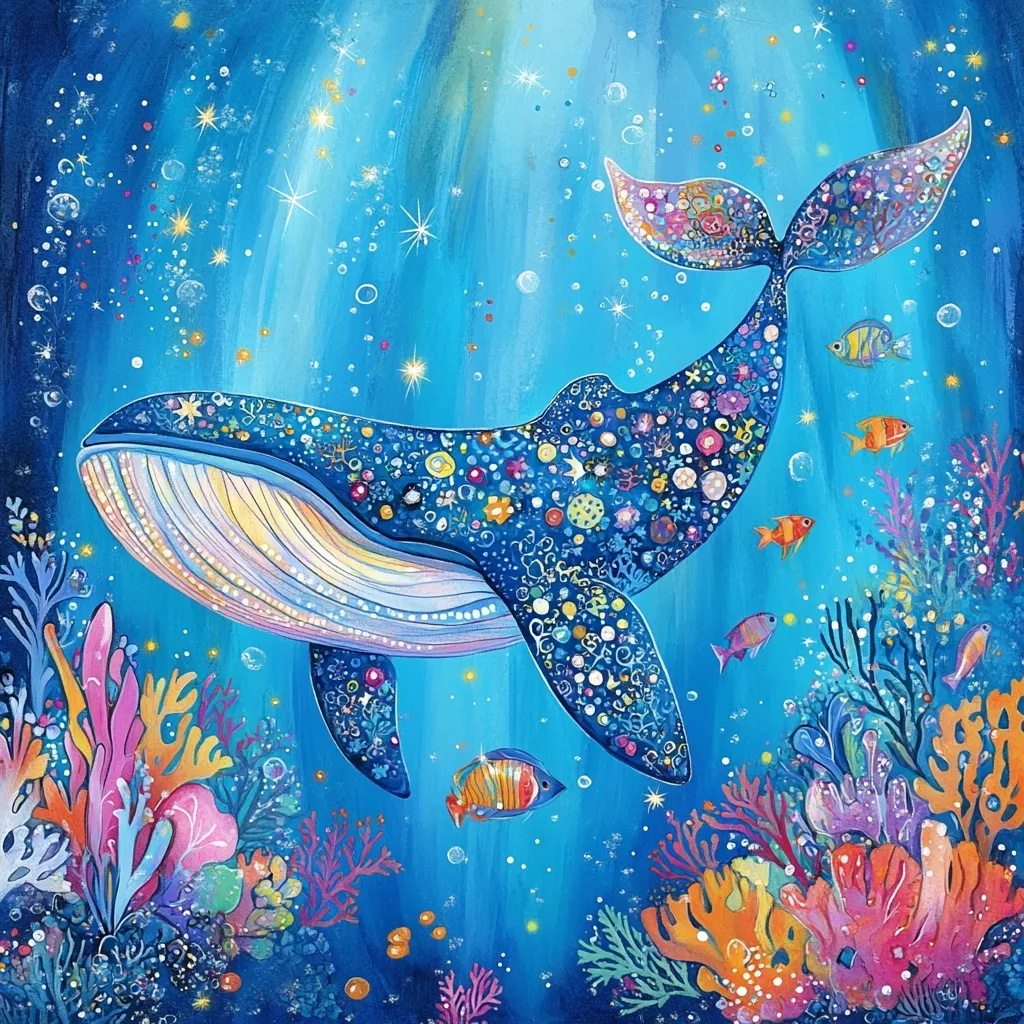 A vibrant underwater scene depicts a humpback whale adorned with colorful, jewel-like patterns. Surrounding the whale are various coral formations in bright pinks, oranges, and purples, teeming with smaller fish. The ocean is a dazzling blue, filled with shimmering sparkles and bubbles, creating a magical, whimsical atmosphere. The painting style is illustrative, with a focus on detail and bright, saturated colors. The overall impression is one of joy and wonder.