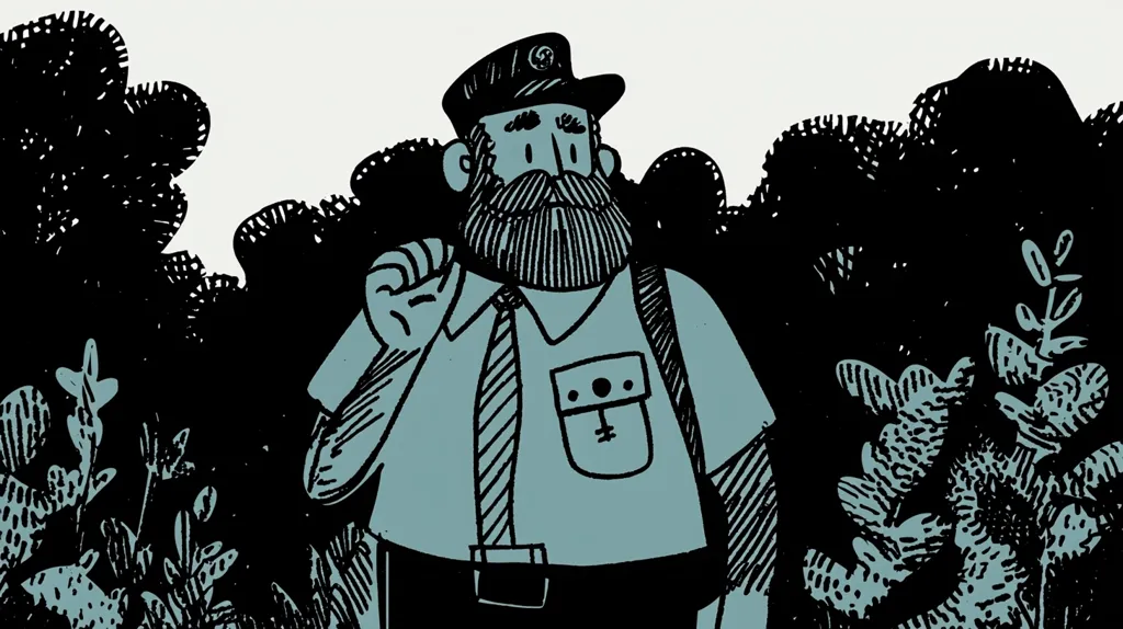 Here's a description of the image:

The illustration showcases a man with a thick, dark beard and mustache, wearing a light teal uniform shirt and dark pants.  His hat features a circular emblem. He appears contemplative, with one hand raised near his face. The background consists of stylized, dark foliage suggesting a wooded area, with smaller, lighter teal plants interspersed.  The art style is reminiscent of a graphic novel or comic book, with bold outlines and cross-hatching for shading. The overall color palette is muted, with teal and black as the primary colors.