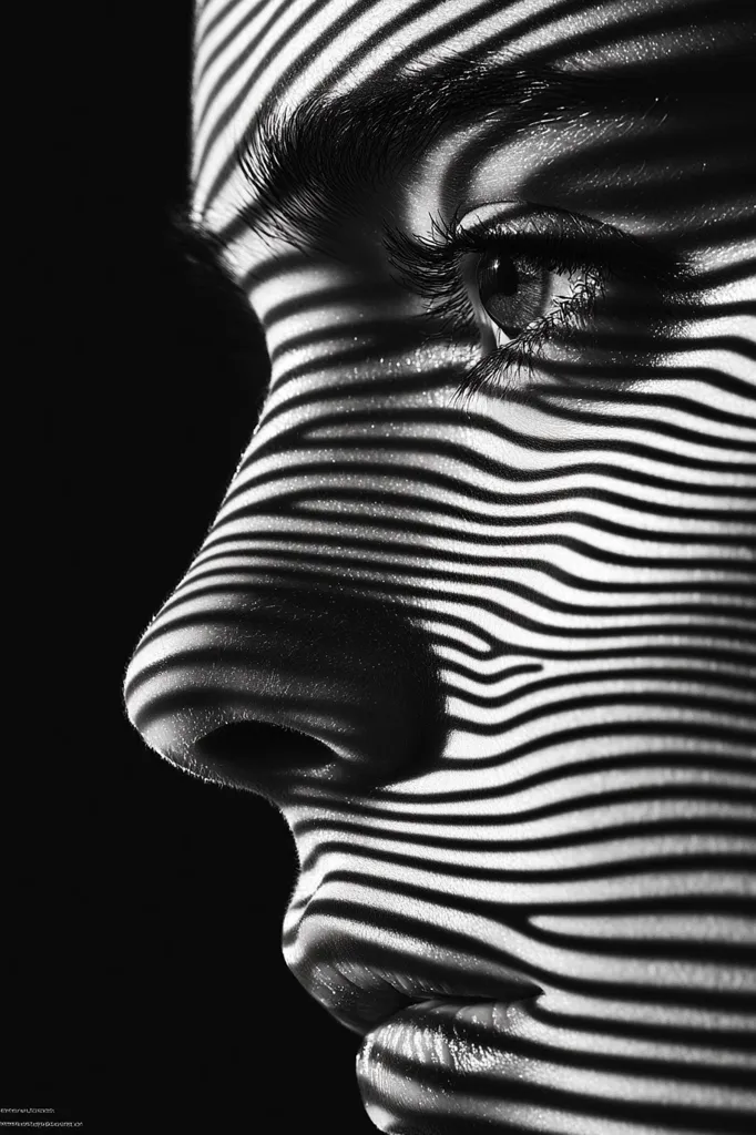 Here is a description of the image in approximately 100 words:

The black and white close-up photograph shows a woman's face partially obscured by a striking pattern of parallel lines. The lines, reminiscent of zebra stripes, create a dynamic interplay of light and shadow across her features, highlighting her eye, nose, and lips. The contrast is stark, with deep blacks and bright whites, giving the image a dramatic and almost surreal quality. The model's expression is serene, yet the unconventional lighting technique transforms her visage into an abstract work of art, focusing on texture and form rather than a realistic portrait. The overall effect is modern, artistic, and visually arresting.