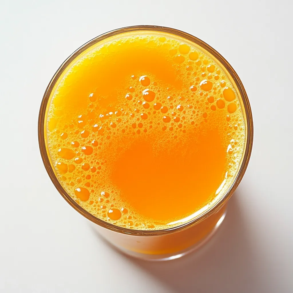 Here's a description of the image:

A top-down close-up shot reveals a glass of freshly squeezed orange juice. The vibrant, deep orange liquid is filled with small bubbles, indicating it's recently poured.  The glass is clear, allowing full visibility of the juice, and sits on a bright white background. The overall impression is one of freshness and vitality.