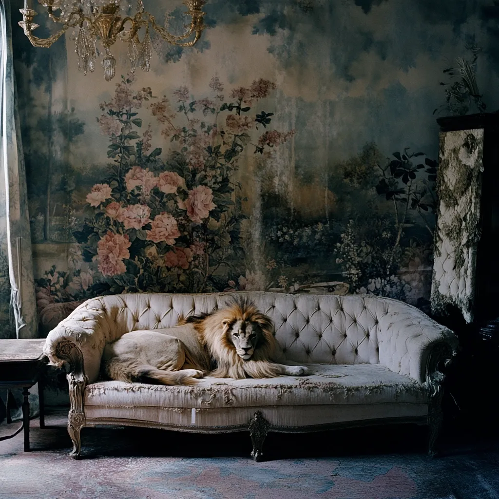 A majestic male lion lies calmly on a worn, antique chaise lounge. The sofa is positioned against a dramatic backdrop of a faded floral and landscape mural, evoking a sense of faded grandeur. A crystal chandelier hangs above, adding to the opulent yet slightly decaying atmosphere of the room. The overall image creates a surreal juxtaposition of wildlife and antique decor.