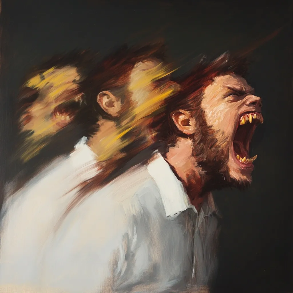 Here's a description of the image:

The painting depicts a man in a light-colored collared shirt, his face contorted in a ferocious scream, revealing sharp, prominent teeth.  His expression is one of primal rage or pain.  Behind him, a blurred, almost ghostly image of another man suggests a transformation or internal struggle.  The style is expressive and painterly, with visible brushstrokes, creating a sense of motion and intensity. The dark background emphasizes the figure and the dramatic lighting enhances the emotional impact of the scene.  The overall feeling is one of turmoil and unleashed aggression.
