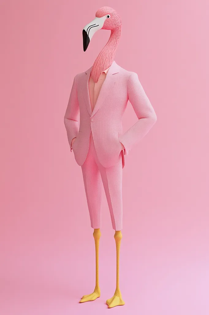 A flamingo's head and neck are seamlessly attached to a human-like body dressed in a pale pink suit. The figure stands confidently, hands in pockets, against a matching pink backdrop.  The long, slender flamingo legs, a vibrant yellow, complete the whimsical, surreal image, suggesting a playful juxtaposition of animal and human forms. The overall aesthetic is clean, minimalist, and slightly humorous.