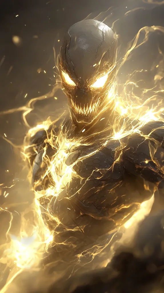 The image depicts a stylized figure, possibly a superhero or villain, enveloped in golden energy.  Its head is humanoid with a menacing, sharp-toothed grin and glowing eyes. The body is obscured by intense, flowing, electric-like golden light, suggesting immense power or transformation. The overall aesthetic is dark and dramatic, emphasizing the figure's formidable presence. The background is a muted, dark tone, contrasting with the vibrant golden energy.