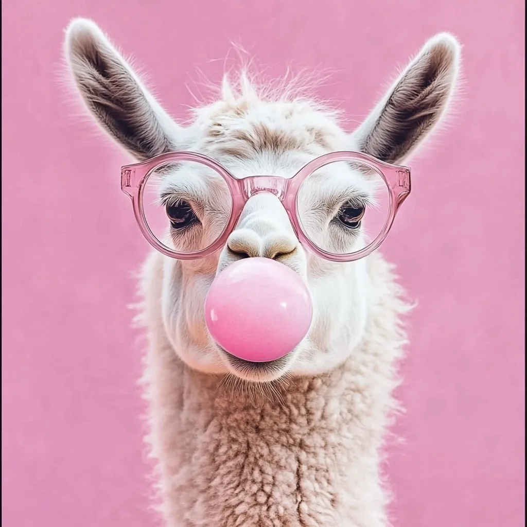 Here's a description of the image:

Close-up view of a white llama against a solid pink background.  The llama is wearing light pink, round eyeglasses and is blowing a large, pink bubble of gum.  The llama's fluffy fur is prominent, and its expression is calm and slightly amused. The overall aesthetic is playful and whimsical, with a focus on vibrant, pastel colors.