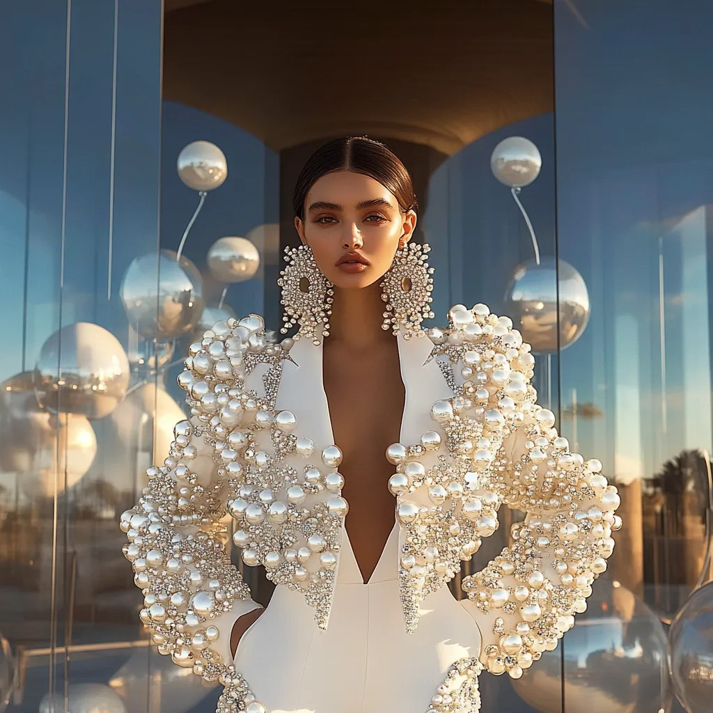 A fashion model poses in a stunning white jumpsuit adorned with pearl embellishments.  The jumpsuit features a plunging neckline and long sleeves, heavily textured with numerous pearls creating a three-dimensional effect.  Large, ornate pearl earrings complement the outfit. The backdrop is a modern architectural space with reflective spheres, enhancing the luxurious feel of the image. The model’s makeup is subtle, emphasizing her natural features.