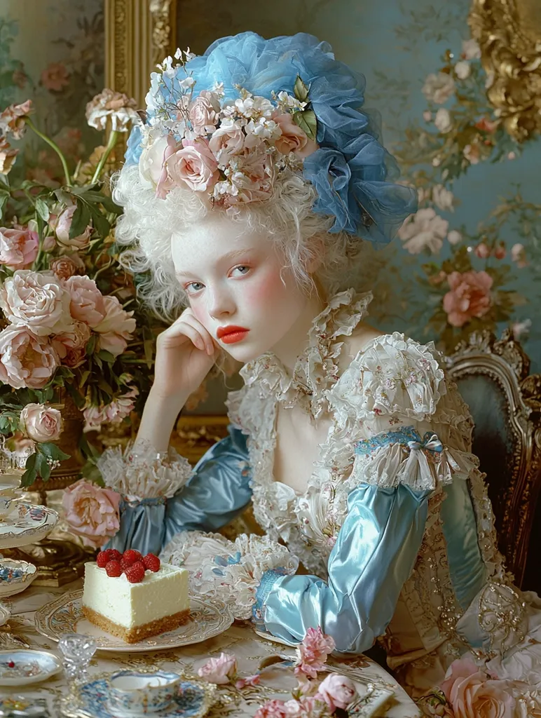 A young woman, adorned in an elaborate, light blue and white rococo-style gown and a large, flower-embellished blue wig, sits at a table.  The setting is opulent, with a floral background and a tiered cake stand holding a slice of cheesecake topped with raspberries.  Her pale complexion and red lips contrast sharply against the pastel colors.  The overall image is highly stylized and evokes a sense of aristocratic elegance and fantasy.