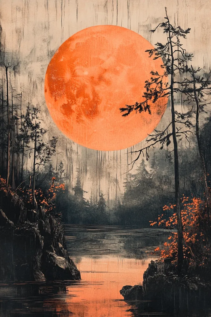 The artwork depicts a serene yet ominous landscape. A large, vibrant orange moon dominates the sky, casting an eerie glow over a still lake nestled within a dark, silhouetted forest.  Tall, slender trees stand on the shoreline, their branches stark against the moon.  Patches of autumnal foliage add splashes of color to the otherwise muted tones. The overall atmosphere is one of quiet mystery and impending nightfall.  The style suggests a blend of woodcut and painting techniques.