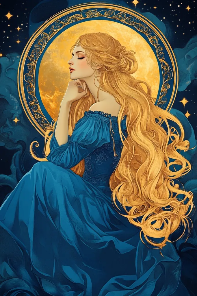 The artwork depicts a serene woman with flowing golden hair, dressed in a flowing teal gown. She is positioned within an ornate gold circular frame reminiscent of Art Nouveau style, set against a dark blue night sky speckled with stars.  The woman's pose is contemplative, her hand gently resting on her chin, suggesting a dreamlike or melancholic mood.  The overall aesthetic is elegant, ethereal, and somewhat mystical. The contrast between the warm golds and the cool blues creates a visually striking image.