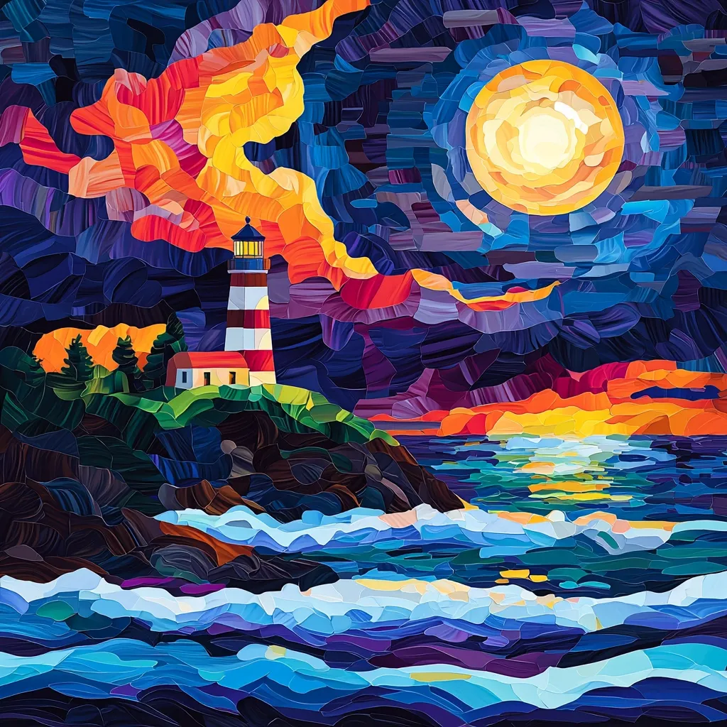This vibrant artwork depicts a coastal scene at sunset or sunrise. A lighthouse, striped red and white, stands on a rocky outcrop, silhouetted against a large, bright moon or sun.  The sky is a swirling mix of deep blues, purples, oranges, and reds, creating a dramatic, almost stormy atmosphere. The ocean below is rendered in dynamic blues and whites, suggesting crashing waves. The style is reminiscent of stained glass or a mosaic, with distinct, textured blocks of color giving the piece a three-dimensional quality.
