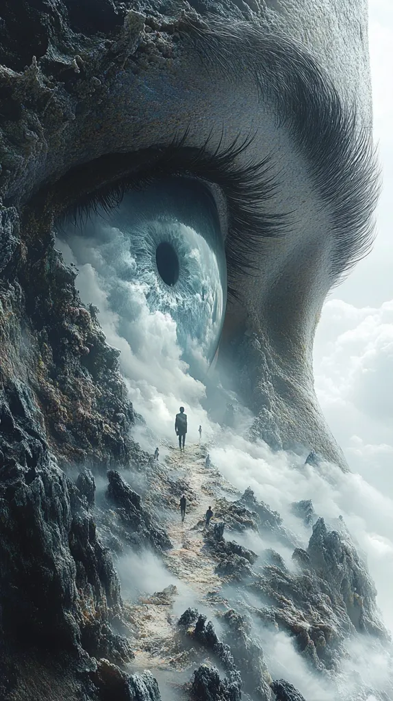 Here is a description of the image:

The image is a surreal digital artwork depicting a colossal eye, its iris forming a cloudy, mountainous landscape. Tiny human figures traverse a winding path through the misty, rocky terrain within the eye. The eye itself is part of a larger, craggy face, suggesting a giant's visage. The overall color palette is muted, with blues, grays, and whites dominating, creating a dreamlike and somewhat ominous atmosphere. The scale contrasts the insignificance of humanity against the immense scale of the eye, emphasizing a sense of awe and wonder.  The artwork blends organic and inorganic forms in a striking and imaginative manner.